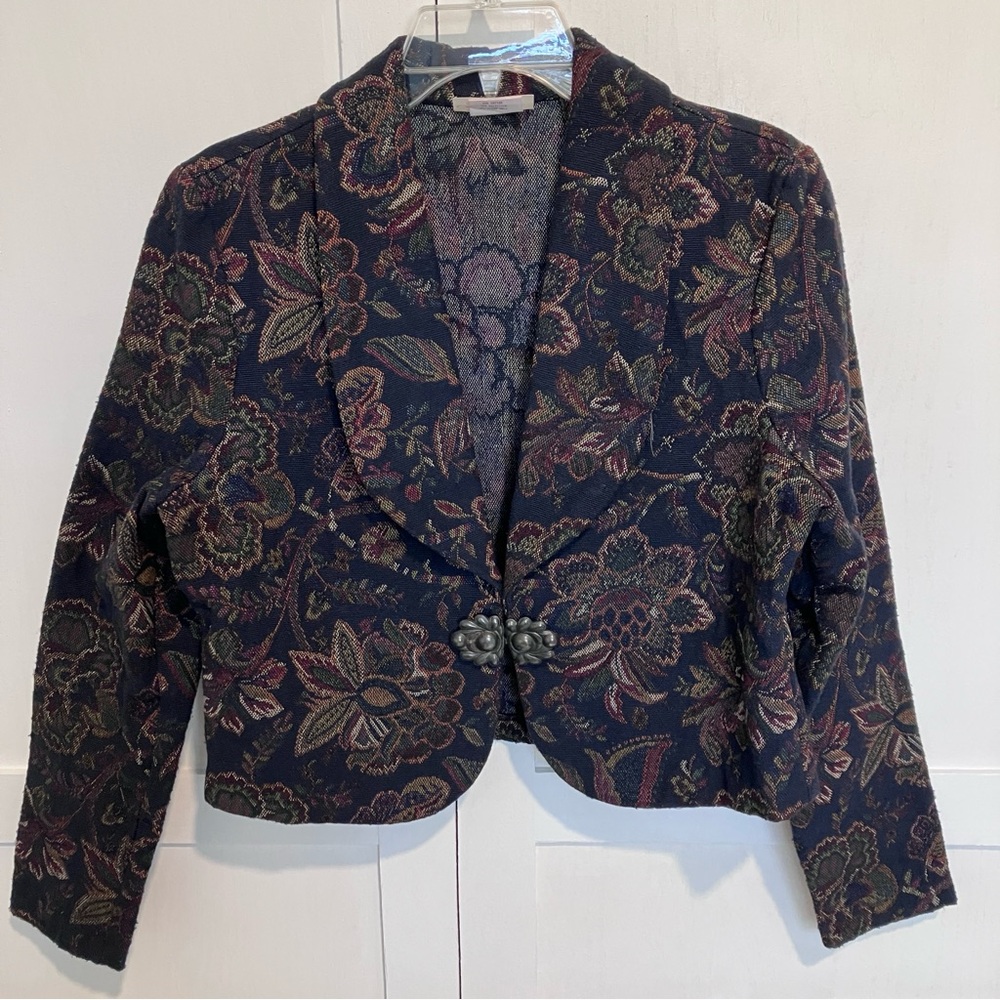 Lucille Vintage Black Floral Tapestry Blazer Jacket, M